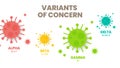 Illustrator vector of the COVID-19 virus`s new Variants of Concern VOC. A Ã¢â¬ÅvariantÃ¢â¬Â is mutated version of the original viru